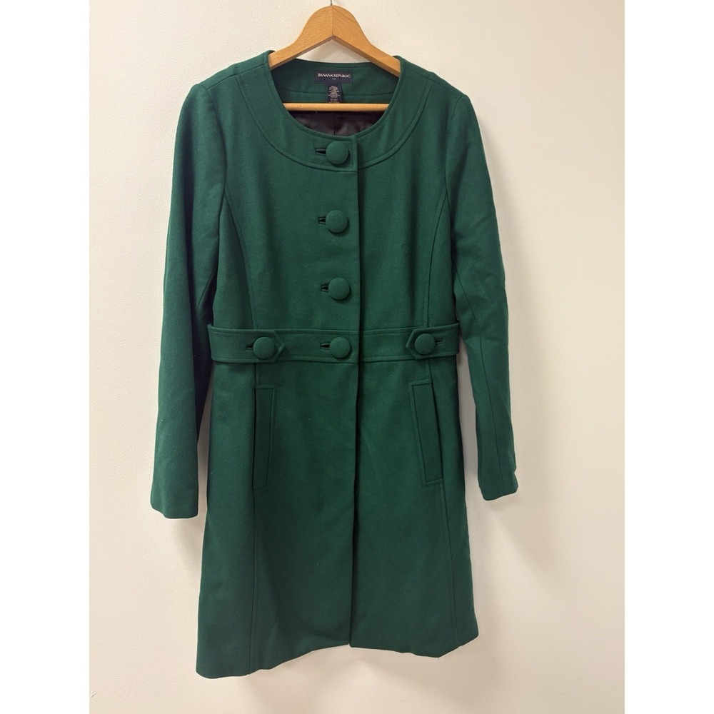Banana Republic Green Wool Coat Size M Mid-Length Winter Coat Large Buttons